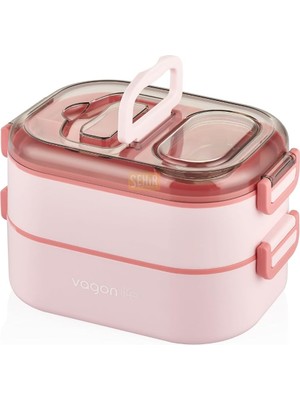 Bemy Ticaret Bento 1000ML Lunchbox Çift Katlı 3 Bölmeli Çelik Sefer Tası Yemek Kutusu (Pembe)