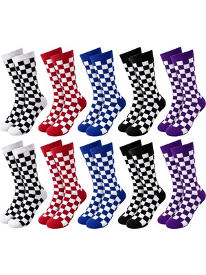 Çelik - Ticaret Unisex Çorap Dama Desenli Renkli 10'lu Set Kareli Uzun Soket Günlük Spor Eğlenceli Rahat Çorap Seti