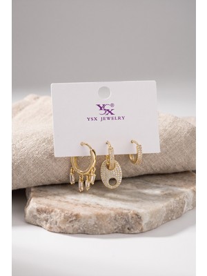 Çelik - Ticaret Pirinç Gold Renk Zirkon Taşlı Kadın Küpe Seti