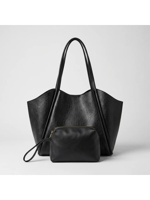 Çelik - Ticaret Siyah Yumuşak Deri Omuz Çantası 31X24 cm Ekstra Makyaj Çantalı Günlük Kadın Çanta