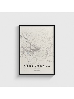 Domirus Saraybosna, Bosna-Hersek Şehir Haritası Tablo Çerçeveli Poster Duvar Dekorasyonu