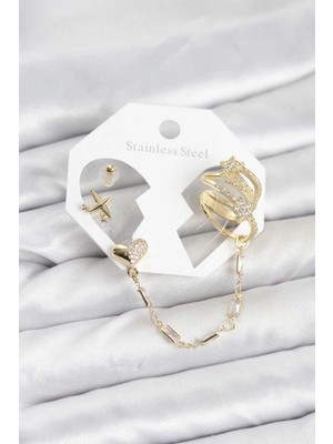 Bin1çeşit Zarif Renk Zincirli Kalp Yıldız Ear Cuff Küpe Seti