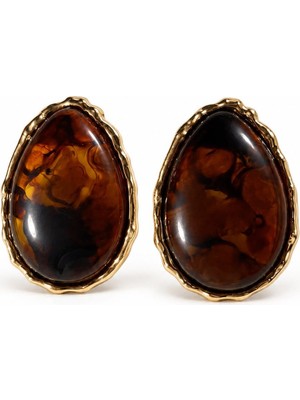 Solare Accessories Vintage Gold Çerçeveli Kehribar Görünümlü Oval Kadın Küpe – Kahverengi