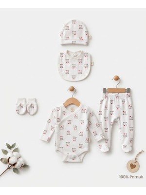 Tuem Baby 5 Parça Unisex Yenidoğan Hastane Çıkışı I Love Dad & Mom Baskılı Kalpli Bebek Zıbın Kıyafet Seti