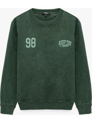 Koton Şardonlu Yıkamalı Bisiklet Yaka Uzun Kollu Baskılı Sweatshirt