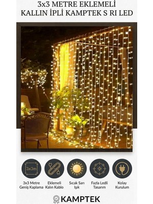 Kamptek Kamp Teknolojisi Kamptek 3x3 Metre Eklameli Kalın Ipli LED Perde Işık - Gün Işığı Sarı Ampul Bahçe Balkon Aydınlatma Dekorasyonu Yılbaşı Süsleme LED