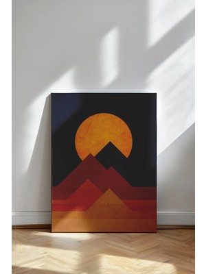 Kanvaspera Minimalist Geometrik Dağ ve Güneş - Kanvas Tablo - Turuncu ve Lacivert, Modern Boho Duvar Dekoru
