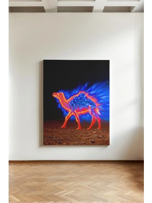 Kanvaspera Camel Neon Deve - Kanvas Tablo - Termal Efektli Siyah Turuncu Mavi, Modern Saykodelik Hayvanlı Duvar Dekoru