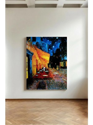 Kanvaspera Van Gogh Yıldızlı Gece Terası - Kanvas Tablo - Sarı Mavi, Retro Sanat Oturma Odası Duvar Dekoru