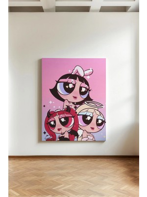 Kanvaspera Powerpuff Girls Kanvas Tablo - Anime Stil, Retro Pop Art, Y2K Duvar Dekoru, Pink Cartoon Wall Art