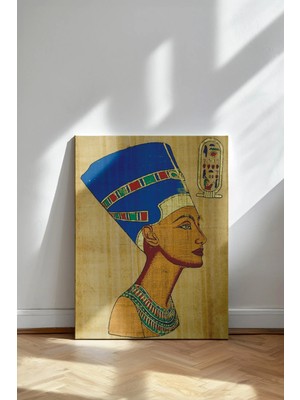 Kanvaspera Mısır Kraliçesi Nefertiti - Kanvas Tablo - Mavi Sarı, Papirüs Görünümlü Antik Duvar Dekoru