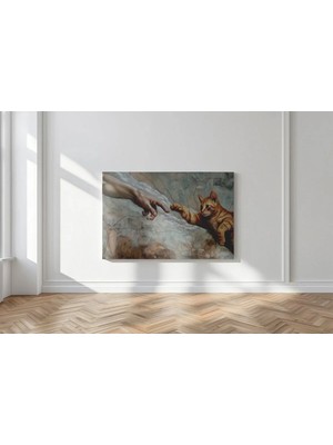 Kanvaspera Adem'in Yaratılışı Kedi Versiyon - Kanvas Tablo - Bej Mavi, Michelangelo Klasik Duvar Dekoru