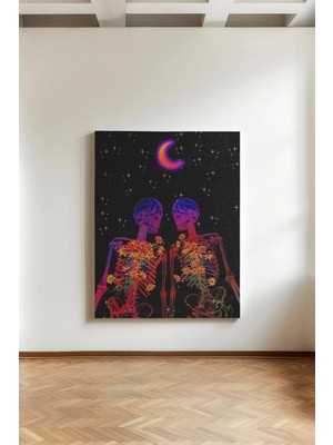 Kanvaspera Aşık Iskeletler - Kanvas Tablo - Neon Çiçekli Romantik Duvar Dekoru