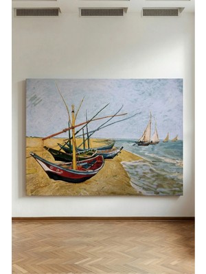 Kanvaspera Van Gogh Sahilde Balıkçı Tekneleri - Kanvas Tablo - Mavi Bej, Retro Manzara Duvar Dekoru