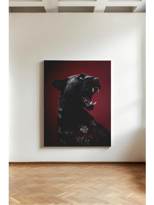 Kanvaspera Kükreyen Panter - Kanvas Tablo - Çiçek Desenli, Güçlü ve Modern Sanat Duvar Dekoru