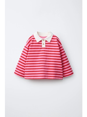 Magu Kız Çocuk Pamuklu Polo Yaka Pembe Çizgili Sweatshirt