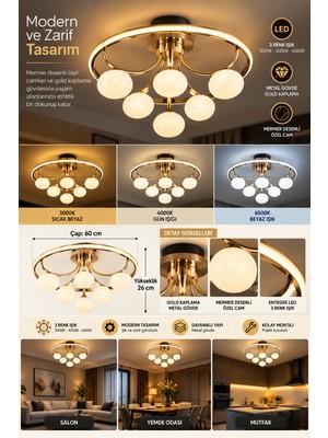 AVİZE Modern 6'lı Mermer Desenli Camlı LED Avize Gold Metal Kasa 3 Renk 3000K 4000K 6500K Halkalı Tavan Aydınlatması
