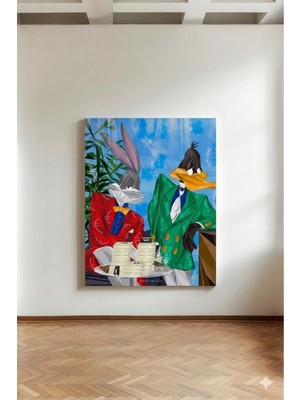 Kanvaspera Bugs Bunny ve Daffy Duck - Kanvas Tablo - Mavi Yeşil, Pop Art Modern Lüks Stil Duvar Dekoru