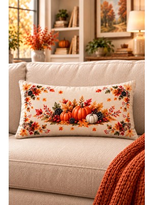Elvoran Joy Sonbahar Bal Kabağı Desenli Dikdörtgen Kırlent Kılıfı 30X50 cm Çift Taraflı Baskı
