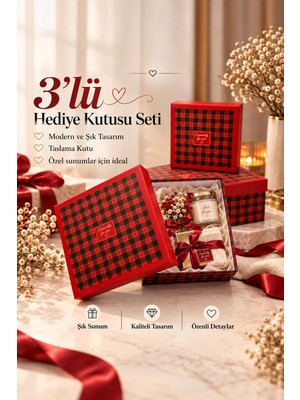 Kolix Hediyelik 3'lü Dekoratif Kutu Kırmızı-Siyah Iskoç desen Premium Paketleme Kutusu
