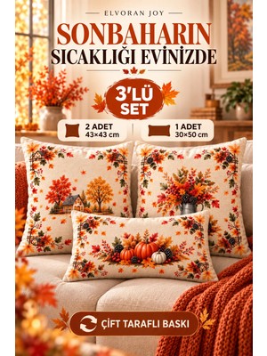 Elvoran Joy 3’lü Sonbahar Temalı Dekoratif Kırlent Kılıfı Seti 2 Adet 43X43 cm Kare + 1 Adet 30X50 cm Dikdörtgen Çift Taraflı Baskı