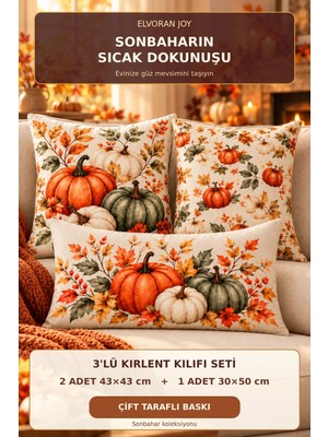 Elvoran Joy 3’lü Sonbahar Bal Kabağı Desenli Dekoratif 2 Adet Kare 1 Adet Dikdörtgen Kırlent Kılıfı Seti 2X43X43 + 1X30X50 cm