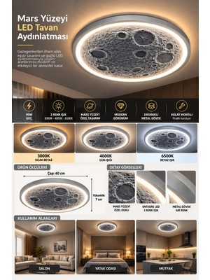 AVİZE Mars Yüzeyi Desenli LED Tavan Avizesi 60 cm 90W 3 Renk 3000K 4000K 6500K Gri Modern Dekoratif Aydınlatma