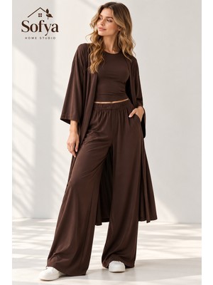 Belirtilmemiş Kadın 3'lü Takım Uzun Kimono Hırka, Kolsuz Crop Atlet ve Bol Paça Pantolon