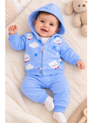 Babyim Erkek Bebek 3'lü Takım Kapüşonlu Çıtçıtlı Uzun Kollu Body Eşofman Altı