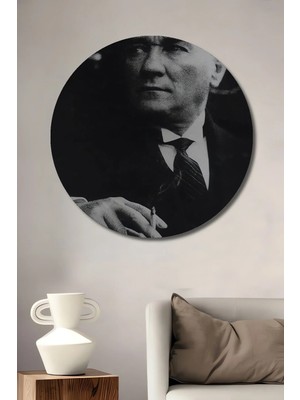 Alpkan Atatürk Imza Detaylı Siyah Beyaz Baskı Ahşap Dekoratif Tablo Yuvarlak Hediyelik Duvar Tablosu