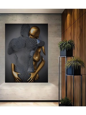 Alpkan Altın ve Zincir Figürlü Soyut Sanat Ahşap Dekoratif Ev,antre,salon,ofis,mutfak,yatak Odası Tablo