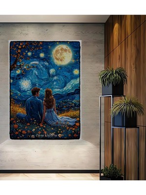 Alpkan Aşk Dolu Yıldızlı Gece Yağlı Boya Görünümlü Ahşap Dekoratif Ev,antre,salon,ofis,mutfak Tablo