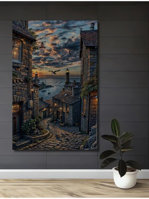 Alpkan Deniz Fenerli Sahil Kasabası Yağlı Boya Görünümlü Ahşap Dekoratif Tablo Ev,ofis,salon Tablo