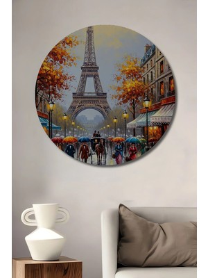 Alpkan Eyjfel Kulesi Yağlı Boya Görünümlü Paris Sanat Dekoratif Ahşap Tablo Yuvarlak Hediyelik Duvar Tablosu