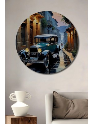 Alpkan Retro Sokağın Klasik Otomobili Sulu Boya Görünümlü Ahşap Dekoratif Tablo Yuvarlak Hediyelik Duvar Tablosu