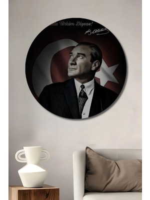 Alpkan Mustafa Kemal Atatürk Yağlı Boya Görünümlü Dekoratif Ahşap Tablo Yuvarlak Hediyelik Duvar Tablosu