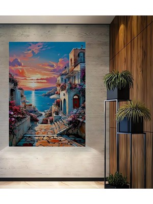 Alpkan Akdeniz Esintili Pastel Boya Görünümlü Sahil Kasabası Ahşap Dekoratif Ev,antre,salon,ofis Tablo