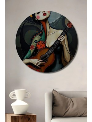 Alpkan Gitarlı Kadın Yağlı Boya Görünümlü Modern Sanat Dekoratif Ahşap Tablo Yuvarlak Hediyelik Duvar Tablosu
