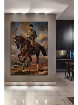 Alpkan Mustafa Kemal Atatürk At Üzerinde Yağlı Boya Görünümlü Ahşap Dekoratif Ev,antre,salon,ofis Tablo
