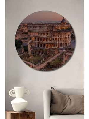 Alpkan Colosseum Romantik Gün Batımı Yağlı Boya Görünümlü Ahşap Dekoratif Tablo Yuvarlak Hediyelik Duvar Tablosu