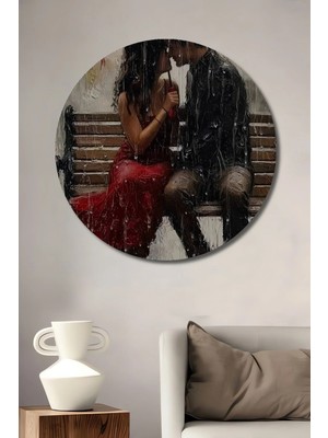 Alpkan Romantik Yağlı Boya Görünümlü Çift Sevgili Tablosu Ahşap Dekoratif Tablo Yuvarlak Hediyelik Duvar Tablosu
