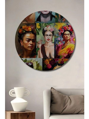 Alpkan Frida Kahlo Yağlı Boya Görünümlü Modern Sanat Ahşap Tablo Yuvarlak Hediyelik Duvar Tablosu