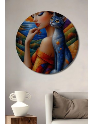 Alpkan Kadın ve Kedi Soyut Sanat Yağlı Boya Görünümlü Ahşap Dekoratif Tablo Yuvarlak Hediyelik Duvar Tablosu