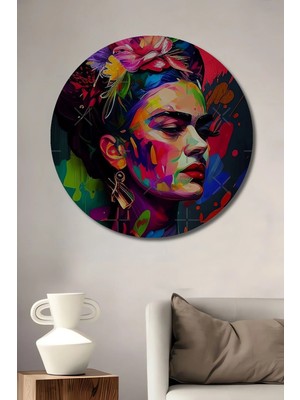 Alpkan Frida Kahlo Yağlı Boya Görünümlü Modern Sanat Ahşap Dekoratif Tablo Yuvarlak Hediyelik Duvar Tablosu