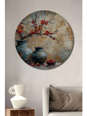 Alpkan Kızıl Çiçekli Vazo Sanatı Yağlı Boya Görünümlü Ahşap Dekoratif Tablo Yuvarlak Hediyelik Duvar Tablosu