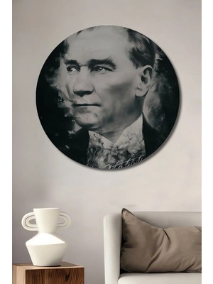 Alpkan Gazi Mustafa Kemal Atatürk Imza ve Tarih Ahşap Dekoratif Tablo Yuvarlak Hediyelik Duvar Tablosu