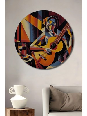 Alpkan Gitarist Kadın Yağlı Boya Görünümlü Modern Sanat Ahşap Dekoratif Tablo Yuvarlak Hediyelik Duvar Tablosu