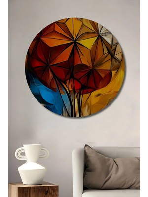 Alpkan Büyük Geometrik Çiçek Yağlı Boya Görünümlü Soyut Sanat Ahşap Dekoratif Tablo Yuvarlak Hediyelik Duvar Tablosu