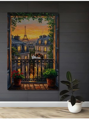 Alpkan Paris Gün Batımı Kedi Manzaralı Yağlı Boya Görünümlü Ahşap Dekoratif Ev,antre,salon,ofis Tablo
