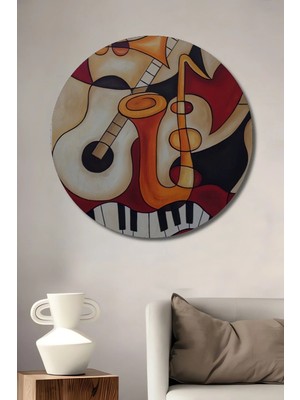 Alpkan Caz Müzik Aletleri Yağlı Boya Görünümlü Ahşap Dekoratif Tablo Yuvarlak Hediyelik Duvar Tablosu